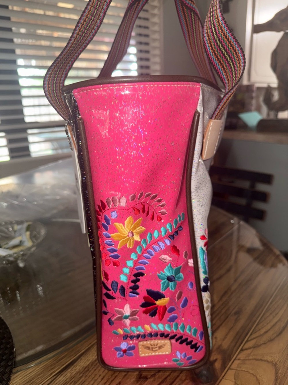 Gorgeous Consuela Multi Color Holographic Glitter Tote with Striped Handles - Picture 4 of 13